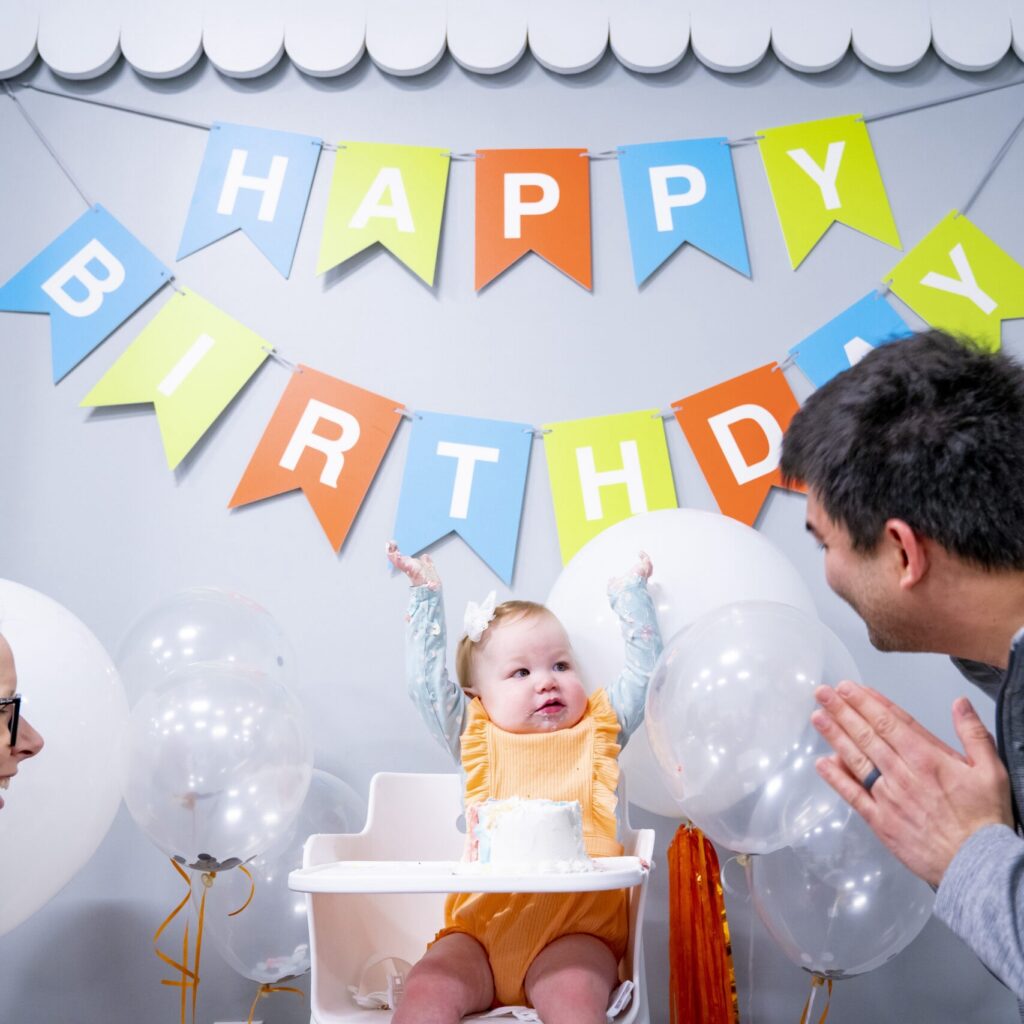 happy baby, cake, balloons, party
