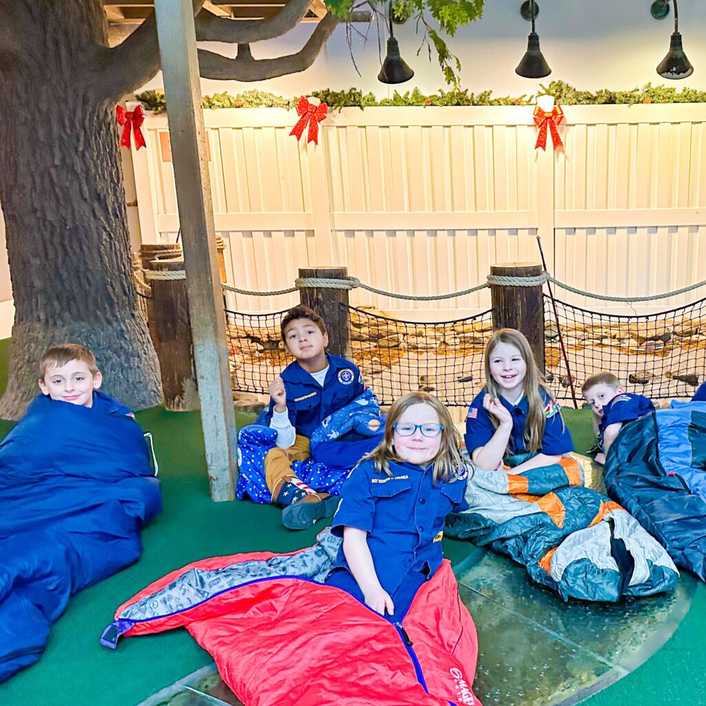 Cub Scouts, Scouts Camp-In, Children's Village, pond, sleeping bags